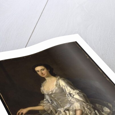 Mary, wife of Henry, 7th Lord Arundell of Wardour, in a grey satin dress, holding roses by a table by George Knapton