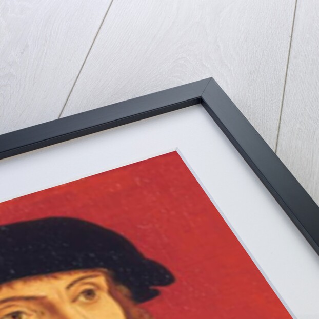 Portrait of a man wearing a fur-lined coat, gold chain and a black beret, before a red background by Jakob Elsner