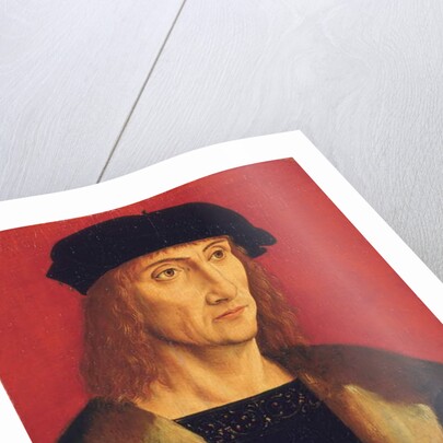 Portrait of a man wearing a fur-lined coat, gold chain and a black beret, before a red background by Jakob Elsner