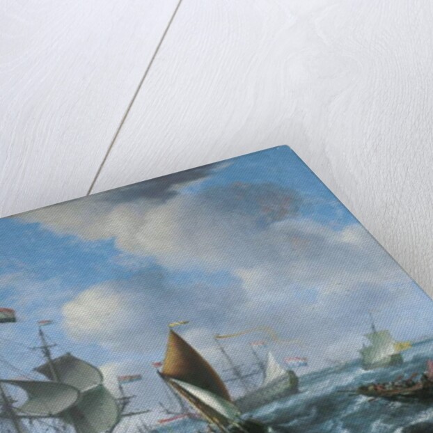 A man'o'war, possibly Het Wapen van Utrecht, a wijdschip and a spiegelsloep in a stiff breeze, 1671 by Aernout Smit