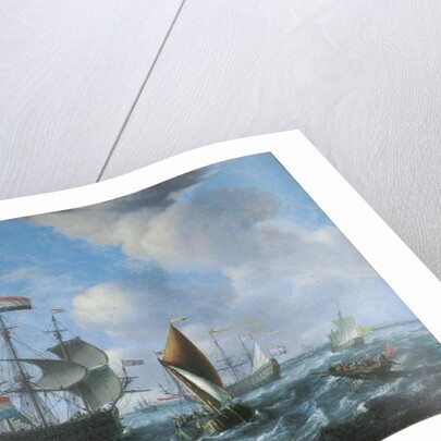 A man'o'war, possibly Het Wapen van Utrecht, a wijdschip and a spiegelsloep in a stiff breeze, 1671 by Aernout Smit