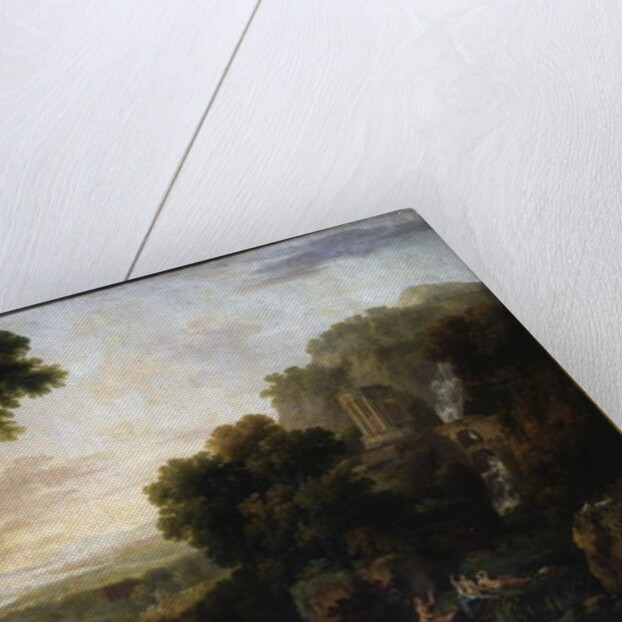 Italianate landscape with a capriccio view of Tivoli, a shepherd and shepherdess and cattle by George the Elder Barret