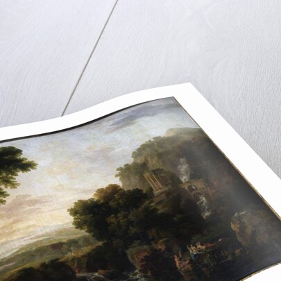 Italianate landscape with a capriccio view of Tivoli, a shepherd and shepherdess and cattle by George the Elder Barret