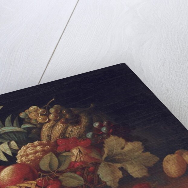 Grapes, plums, cherries, peaches, an apple, a pineapple, and a melon, in a wicker basket by Charles Lewis