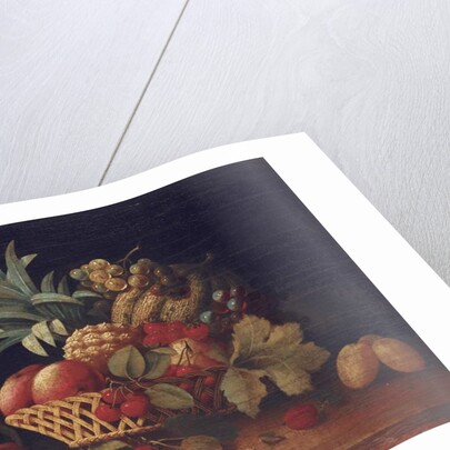 Grapes, plums, cherries, peaches, an apple, a pineapple, and a melon, in a wicker basket by Charles Lewis