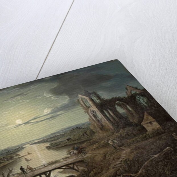 Moonlit view of the River Tweed with Melrose Abbey in the foreground and figures on a bridge by Abraham (attr. to) Pether