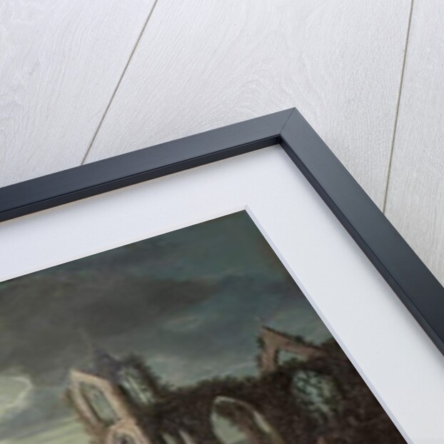 Moonlit view of the River Tweed with Melrose Abbey in the foreground and figures on a bridge by Abraham (attr. to) Pether