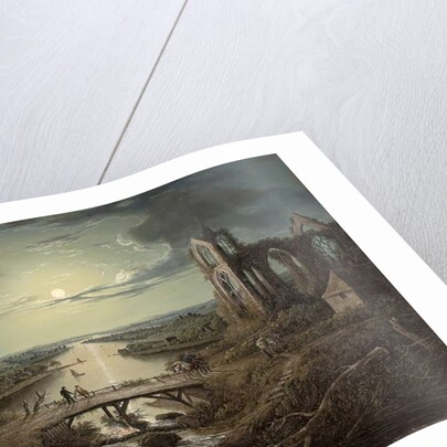 Moonlit view of the River Tweed with Melrose Abbey in the foreground and figures on a bridge by Abraham (attr. to) Pether