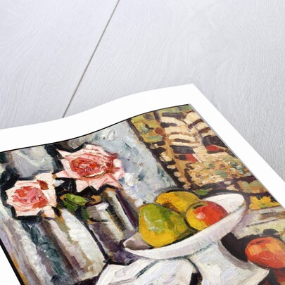 Still life with bowl of fruit and a vase of pink roses by George Leslie Hunter