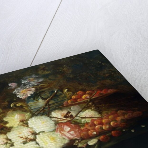 Still life with roses, chrysanthemums, grapes and strawberries by Modeste Carlier