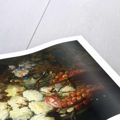 Still life with roses, chrysanthemums, grapes and strawberries by Modeste Carlier