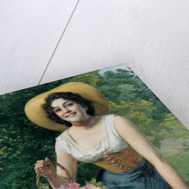 A beauty holding a basket of roses by Gaetano Bellei