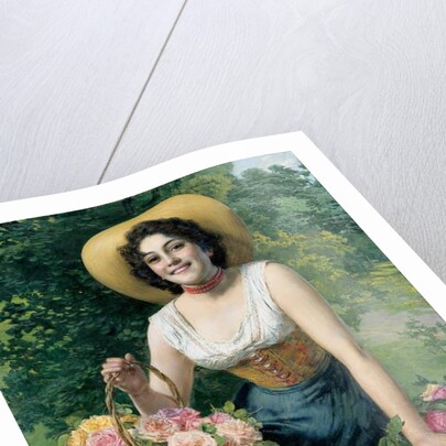 A beauty holding a basket of roses by Gaetano Bellei