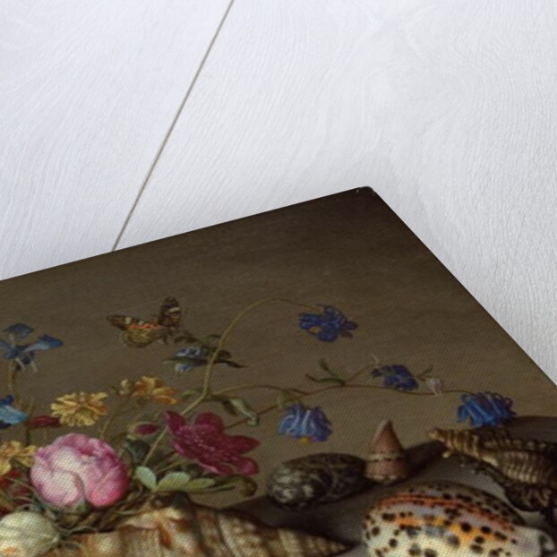 Flowers, shells and insects on a stone ledge by Balthasar van der Ast