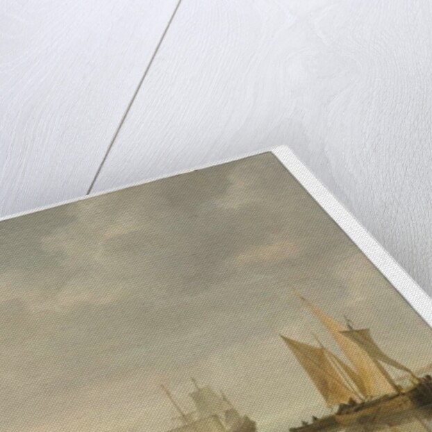 Coastal scene with ships resting on calm waters by Simon Jacobsz. Vlieger