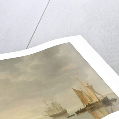 Coastal scene with ships resting on calm waters by Simon Jacobsz. Vlieger