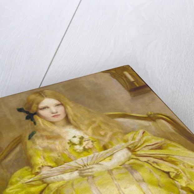 Portrait of a girl, small full-length, in a yellow dress, holding a fan, in an interior, 1903 by Margaret Fletcher