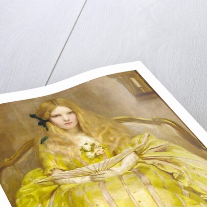 Portrait of a girl, small full-length, in a yellow dress, holding a fan, in an interior, 1903 by Margaret Fletcher