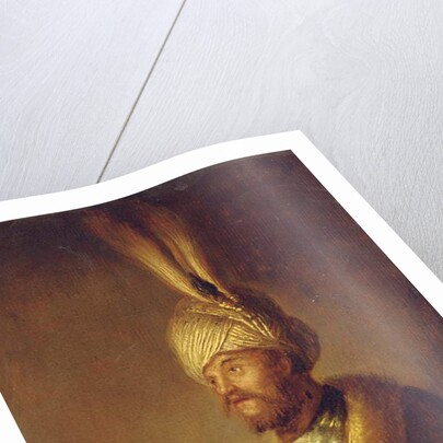 Portrait of a man, bust-length, in a turban with a feather by Gerrit or Gerard (follower of) Dou