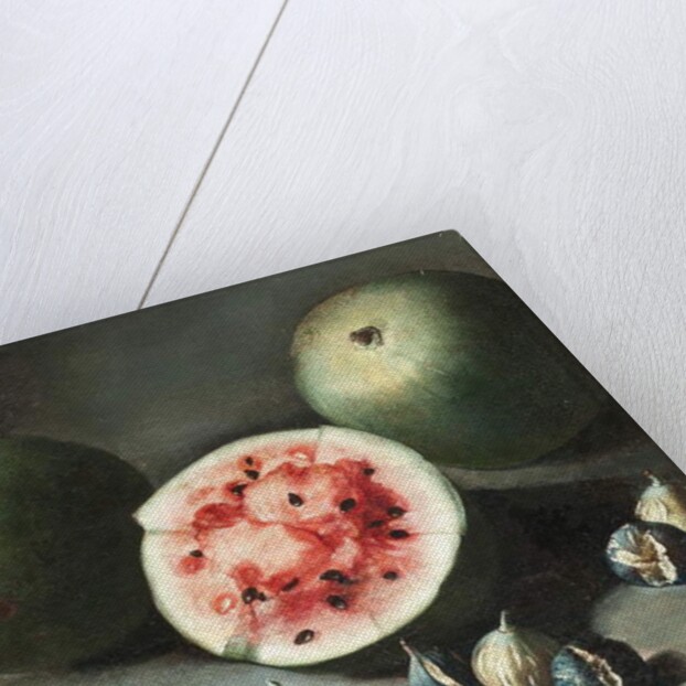Watermelons and figs on a stone ledge by Neapolitan School