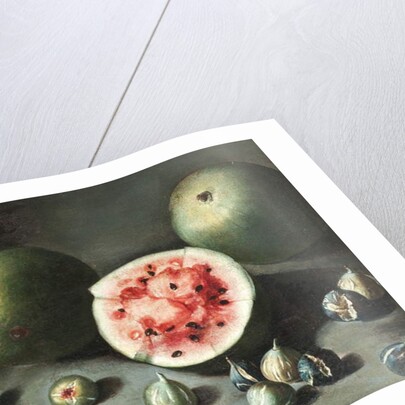 Watermelons and figs on a stone ledge by Neapolitan School