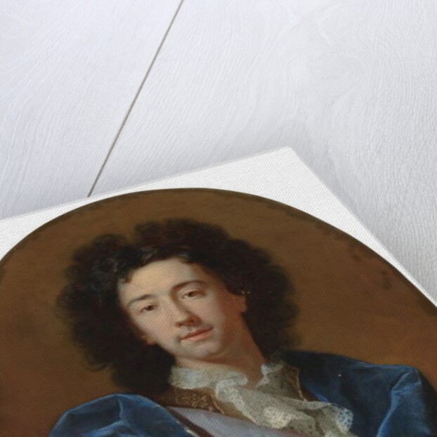 Portrait of the artist, bust-length, in a lace cravat and blue cloak by Hyacinthe Francois Rigaud