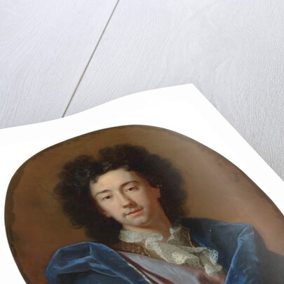 Portrait of the artist, bust-length, in a lace cravat and blue cloak by Hyacinthe Francois Rigaud