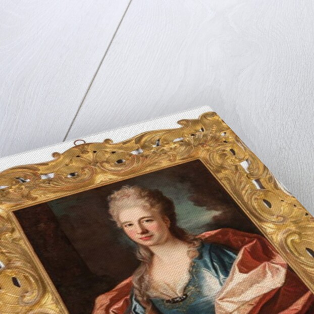 Portrait of a lady, bust-length, in a blue silk dress trimmed with lace and embroidered with gold thread by Jean Ranc