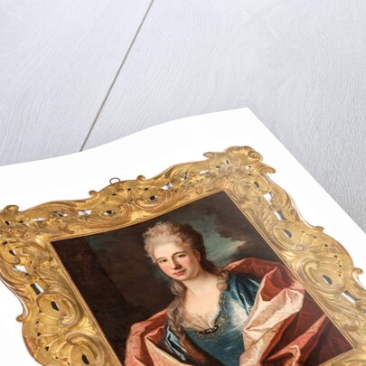 Portrait of a lady, bust-length, in a blue silk dress trimmed with lace and embroidered with gold thread by Jean Ranc