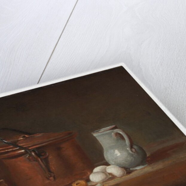 A copper saucepan, a pestle and mortar, a pitcher, a scallion, eggs and an onion on a shelf by Jean-Baptiste Simeon Chardin