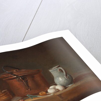 A copper saucepan, a pestle and mortar, a pitcher, a scallion, eggs and an onion on a shelf by Jean-Baptiste Simeon Chardin