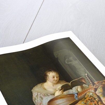 An interior with a woman reading music at a partially draped table with a double-head lute, 1671 by Frans van Mieris