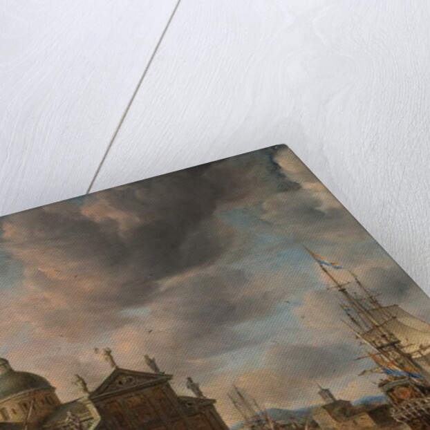 A Mediterranean 'capriccio' harbour with figures conversing on a quay and a Dutch three-master mooring beyond, 1665 by Jan Beerstraten