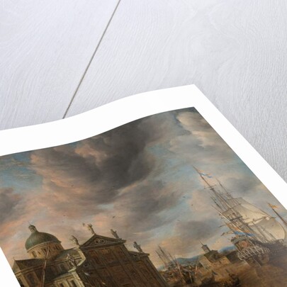 A Mediterranean 'capriccio' harbour with figures conversing on a quay and a Dutch three-master mooring beyond, 1665 by Jan Beerstraten