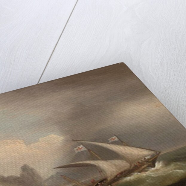 An armed Xebec in the Mediterranean, a British frigate off her stern and running past a rocky coastlibne, 1822 by Thomas Luny