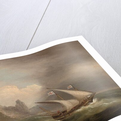 An armed Xebec in the Mediterranean, a British frigate off her stern and running past a rocky coastlibne, 1822 by Thomas Luny