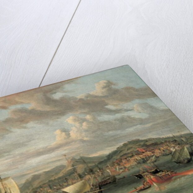 Dutch shipping off the Bay of Smyrna with a state barge by Abraham Storck