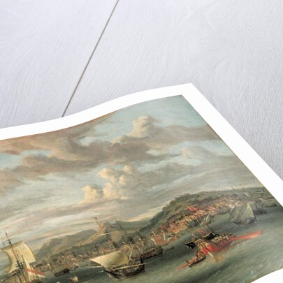 Dutch shipping off the Bay of Smyrna with a state barge by Abraham Storck