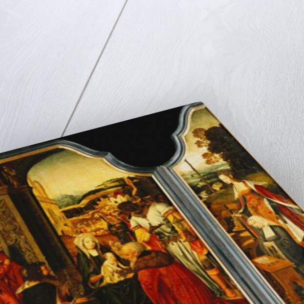 Triptych: Adoration of the Magi, with St. James presenting the donor and St. Catherine of Alexandria presenting the donor's wife and two daughters by Master of the Holy Blood