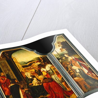 Triptych: Adoration of the Magi, with St. James presenting the donor and St. Catherine of Alexandria presenting the donor's wife and two daughters by Master of the Holy Blood