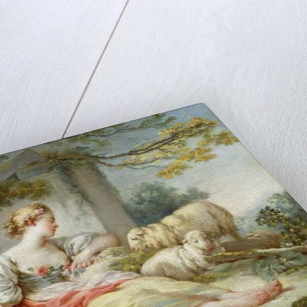 A Shepherdess Seated with Sheep and a Basket of Flowers Near a Ruin in a Wooded Landscape by Jean-Honore Fragonard