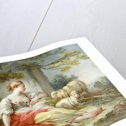 A Shepherdess Seated with Sheep and a Basket of Flowers Near a Ruin in a Wooded Landscape by Jean-Honore Fragonard