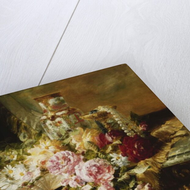 A Fan with Roses, Daisies and a Famille Rose Vase on a Draped Table, 1881 by Pierre Garnier