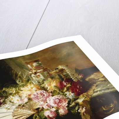 A Fan with Roses, Daisies and a Famille Rose Vase on a Draped Table, 1881 by Pierre Garnier