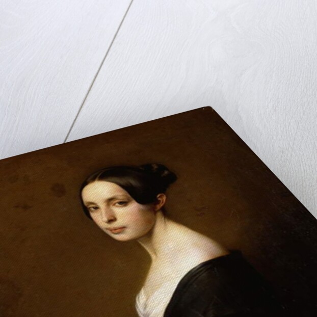 Portrait of a Lady, Half Length Wearing a Black Dress and Holding a Carnation by Hermann Winterhalter