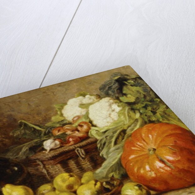 A Still Life with a Wine Flagon, a Basket, Pears, Onions, Cauliflowers, Cabbages, Garlic and a Pumpkin by Eugene Claude