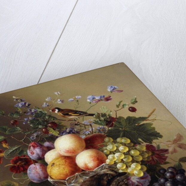 Peaches, Grapes, Plums and Flowers in a Glass vase with a Jay on a Ledge by Arnoldus Bloemers