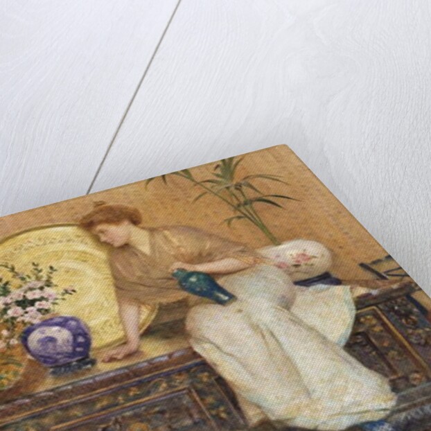 Two Ladies Sitting on a Chest by a Cairo Ware Tray and a Vase of Flowers by Hector Caffieri