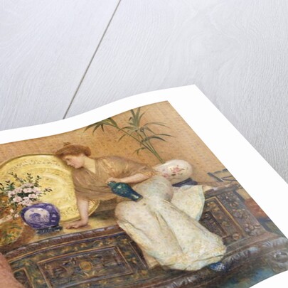 Two Ladies Sitting on a Chest by a Cairo Ware Tray and a Vase of Flowers by Hector Caffieri