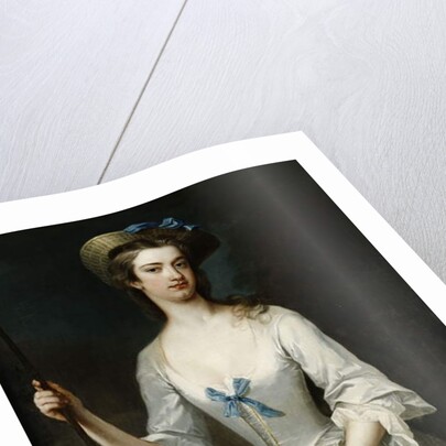 Portrait of a Lady, Possibly the Duchess of Ancaster, Three-Quarter Length, as a Shepherdess, in a White Satin Dress and Bonnet, in a Landscape by Charles Jervas